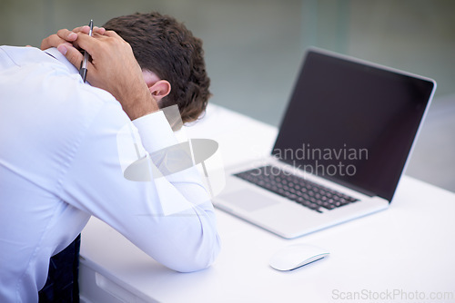 Image of Business, neck pain and man with laptop, fatigue and deadline with burnout and professional. Person, office and employee with computer and startup with frustrated and tired with a mistake and stress