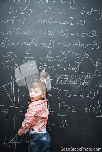 Image of Smart, math and child writing on chalkboard in school or classroom for learning, education or solution. Genius and clever kid, boy or student with equation, numbers and test for IQ or intelligence