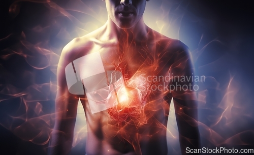 Image of Vivid holographic animation depicts a heart attack within the human body, merging technology and medical education seamlessly.Generated image