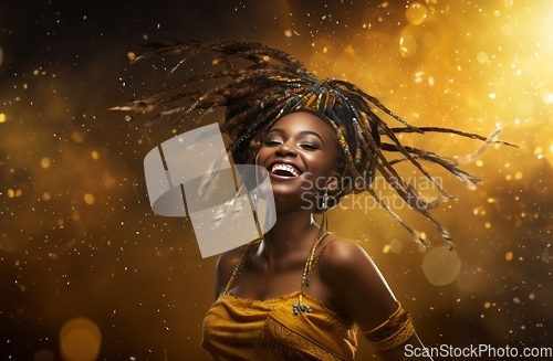 Image of African American woman joyfully engages in traditional dance at a lively festival, showcasing the rich and dynamic expressions of her heritage