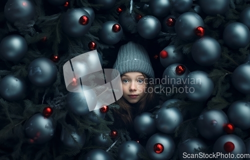 Image of A young girl is surrounded by Christmas decorations and a beautifully adorned tree, exuding joy and excitement in the enchanting ambiance of the holiday season