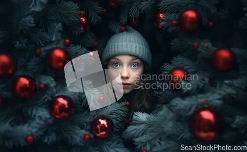 Image of A young girl is surrounded by Christmas decorations and a beautifully adorned tree, exuding joy and excitement in the enchanting ambiance of the holiday season