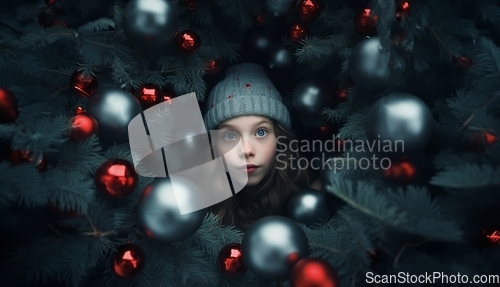 Image of A young girl is surrounded by Christmas decorations and a beautifully adorned tree, exuding joy and excitement in the enchanting ambiance of the holiday season
