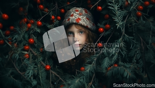 Image of A young girl is surrounded by Christmas decorations and a beautifully adorned tree, exuding joy and excitement in the enchanting ambiance of the holiday season