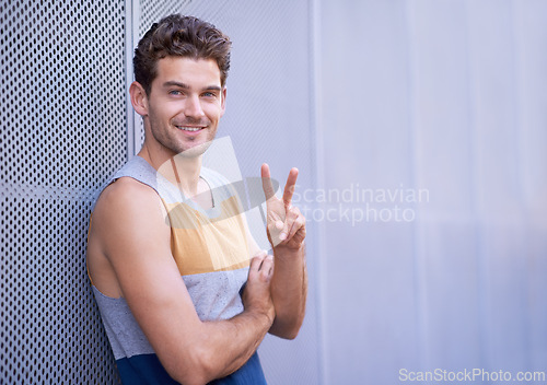 Image of Smile, fashion and portrait of man with peace sign for style, trendy and hand gesture with confidence. Male person, happy and relax with v fingers for emoji, hipster and symbol with clothes on mockup