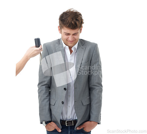 Image of Businessman, camera or shy in studio for stress, anxiety or mockup for photography by white background. Entrepreneur, scared or hand of photographer, privacy and fear of paparazzi with panic attack