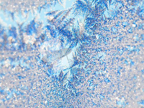 Image of Ice, crystals and frozen on glass in winter or nature environment for global warming, climate or cold weather. Frost, outdoor and snow travel in Swiss Alps for explore or textures, freezing or season