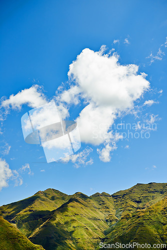 Image of Sky, clouds and mountains for landscape background, environment and eco friendly nature in Europe. Aerial view of countryside, hill and river for green land, sustainability or summer weather in italy