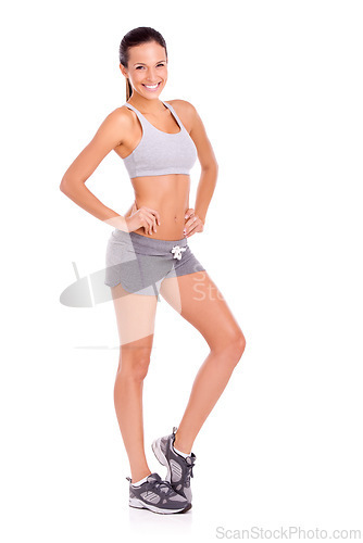 Image of Studio, woman and confident in portrait for fitness with smile, exercise and commitment by white background. Spain model, happy face and workout with aerobics for health and training for strong body