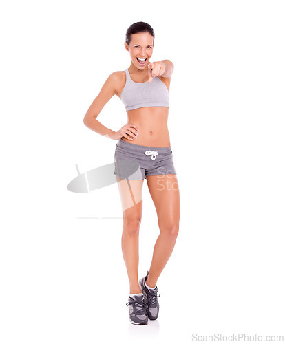 Image of Studio, woman and pointing in portrait for fitness promotion and exercise announcement or news of gym discount. Model, happy face and aerobics offer to winner and workout plan by white background