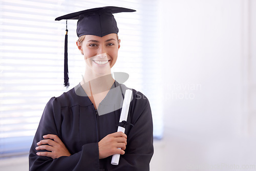 Image of Graduate, certificate and portrait of happy woman with arms crossed at university. Face, graduation and confident student with diploma for education achievement, success and scholarship in Australia