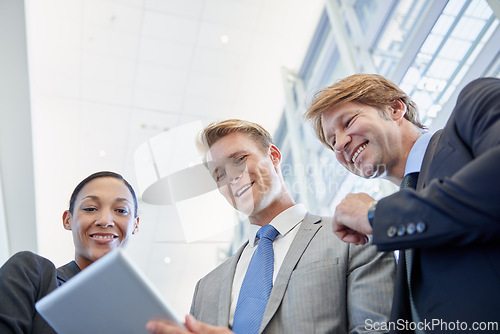 Image of Business people, tablet and support for project in office, collaboration and unity for proposal. Staff, workplace and teamwork for reading a report, partnership and online for review and networking