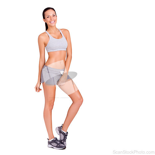 Image of Sports, happy and portrait of woman in studio for weight loss, health or wellness diet for energy. Fitness, smile and slim female person for body exercise, workout or training by white background.