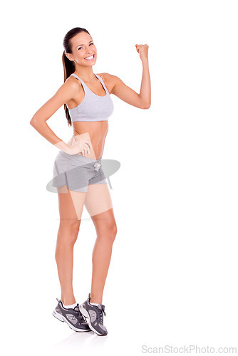 Image of Portrait, fitness or flexing with woman, challenge or progress isolated on white studio background. Health, mockup space or strong with model or achievement with exercise goals or training with smile