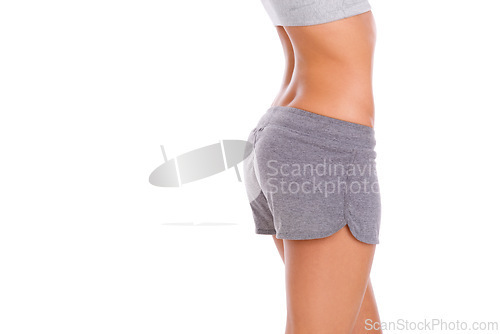 Image of Closeup, behind and woman with fitness, health and model isolated on a white studio background. Person, mockup space and girl with sportswear and workout for wellness with progress and challenge