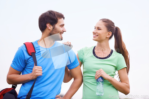 Image of Fitness, couple in nature and workout outdoor, happy and healthy with partner, physical activity and support. People smile for wellness, exercise together in park and training for bonding with trust