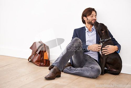 Image of Care, love and happy businessman with dog for bonding together with positive and good attitude. Career, briefcase and professional male person playing with pet, puppy or animal on floor at home.