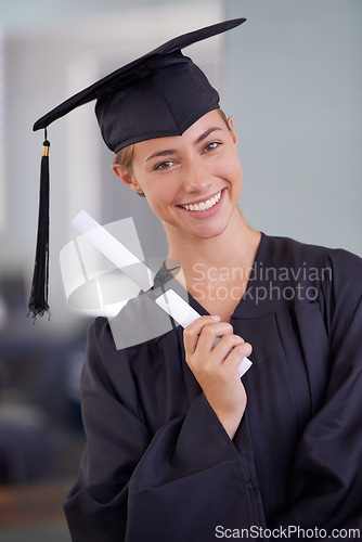 Image of Graduation, certificate and portrait of happy woman at university for scholarship in Canada. Face, graduate or smile of student with diploma for education, achievement or celebrate success at college