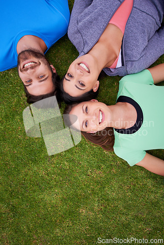 Image of Group, people and top view, portrait for fitness on grass and relax after workout for health and wellness together. Exercise, training club for sports and active in nature, support and trust outdoor