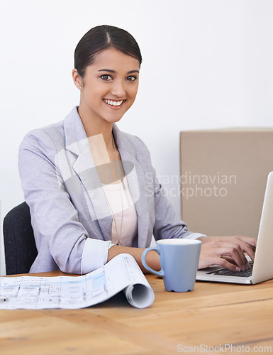 Image of Architecture, laptop or portrait of business woman in office for building, documents or blueprint research. Construction, face or lady architect with property compliance check for real estate design