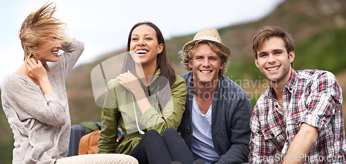 Image of Happy group, portrait and road trip for holiday weekend, travel or outdoor vacation together. Excited friends or young people with smile in relax for friendship and enjoying adventure or journey