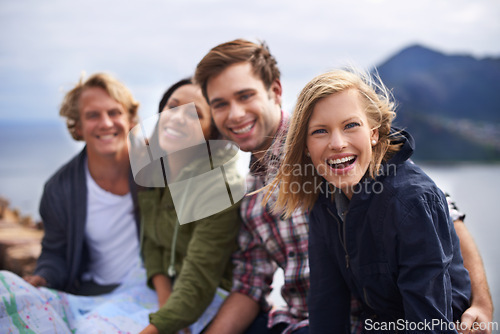 Image of Happy friends, road trip and travel with group for fun holiday, weekend or outdoor getaway together in nature. Portrait of young people with smile for friendship, freedom or adventure on journey