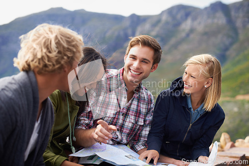 Image of Happy people, friends and map in nature for travel, location or discussion on destination. Young group with smile, document or paper of outdoor routes, paths or planning road trip or next stop