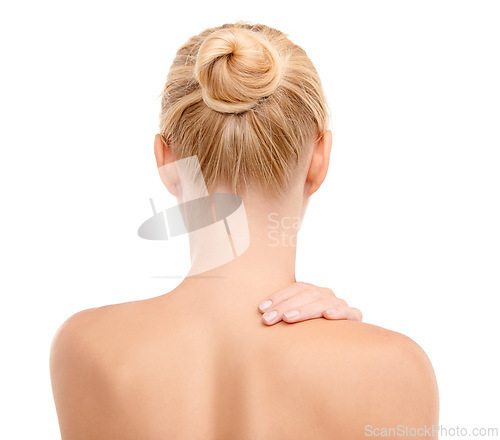 Image of Beauty, back and woman in studio for wellness, glowing skin or treatment on white background. Dermatology, shine or behind isolated female model posing with cosmetic, results or soft bodycare comfort