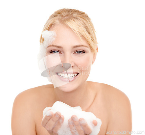 Image of Woman, portrait and soap on face for skincare with glycerine, peptides and foam for clear skin. Female person, white background and fresh for beauty, hygiene and treatment for wellness and self care