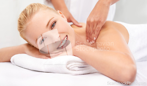 Image of Spa, hands and happy woman portrait on massage table for stress relief body treatment at wellness resort. Zen, luxury and face of lady on vacation at Thailand salon with masseuse healing or therapy