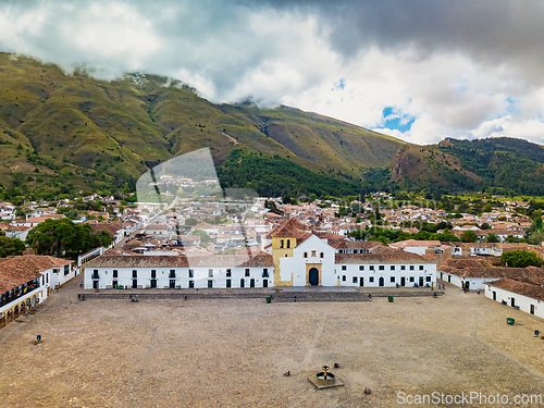 Image of Aerial view of the Plaza Mayor, largest stone-paved square in South America, Villa de Leyva, Colombia