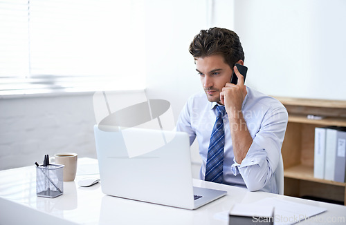 Image of Businessman, office and phone call for feedback with client for consultation, update and negotiate terms. Cellphone, clarity and discussion with stakeholder for project plan, idea and schedule