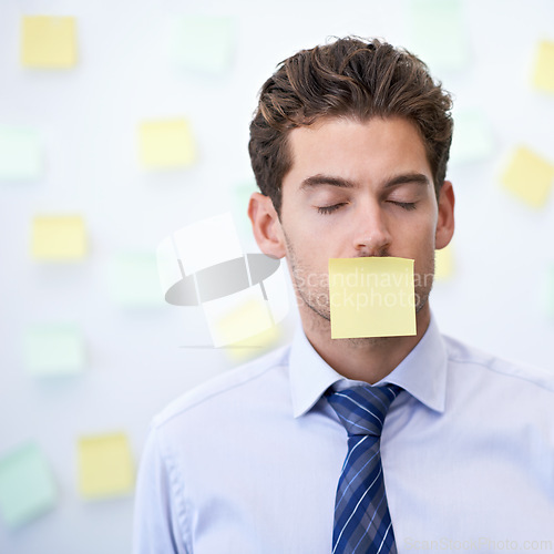 Image of Man, sticky note and face or business stress or to do list with schedule reminder or project planning, deadline or brainstorming. Male person, employee and eyes closed or tired, overworked or burnout