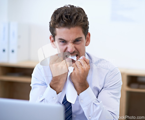 Image of Businessman, stress and paper in mouth for anger, overwhelmed and burnout at workplace. Professional man, overworked and frustrated with document in office for project, deadline or administration