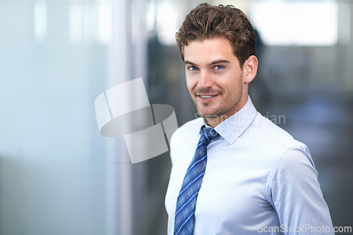 Image of Entrepreneur, man and smile at office with confidence, happy and satisfied with company growth and progress. Businessman, business development and startup with commitment for career and opportunity.