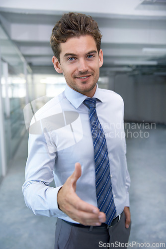 Image of Businessman, portrait and welcome handshake in office for meeting, onboarding and agreement. Male person, corporate employee and lawyer for agency, partnership and deal with client for work with pov