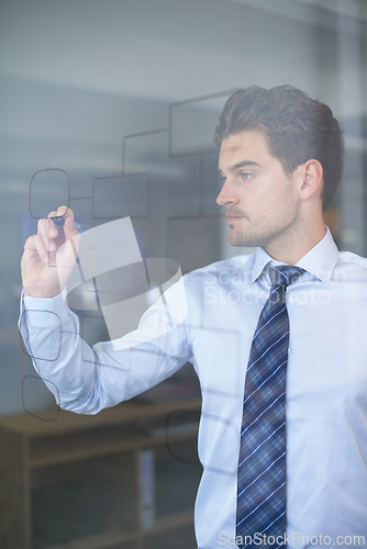 Image of Businessman, idea and mindmap on glass wall for strategy, thinking and planning in office. Innovation, vision and professional man with illustration for brainstorming, analysis and problem solving