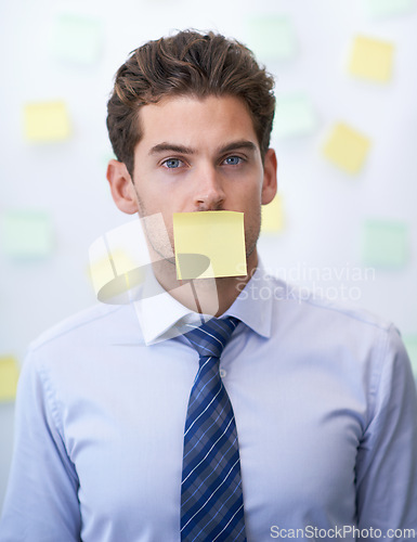 Image of Businessman, portrait and sticky note on mouth or corporate schedule or to do list, project planning or censored. Male person, paper and face or reminder for professional, brainstorming or deadline