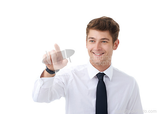 Image of Smile, finger and pointing with business man in studio isolated on white background for interface access. Future, cybersecurity or biometrics and hand of happy young employee at work as web user