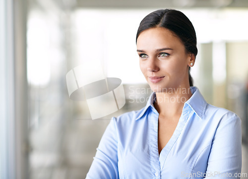 Image of Employee, standing and auditor in corporate company with contemplation for job in business. Woman, thinking and professional with confidence at workplace for career in office as worker with smile