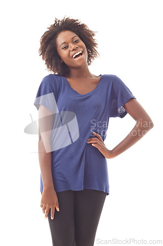 Image of Fashion, confidence and portrait of black woman laughing in studio isolated on a white background. Excited, funny or happy African person, smile or positive model in casual clothes for style in Kenya