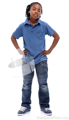 Image of Child, bored and portrait with problem and moody with cool clothing in a studio. Youth, annoyed and unhappy African male boy with casual fashion and clothes with attitude and white background
