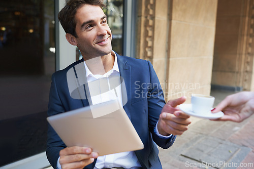 Image of Businessman, morning and tablet in city coffee shop for email, networking and corporate work. Male employee, digital technology and online for report, cup and browsing for reading online information