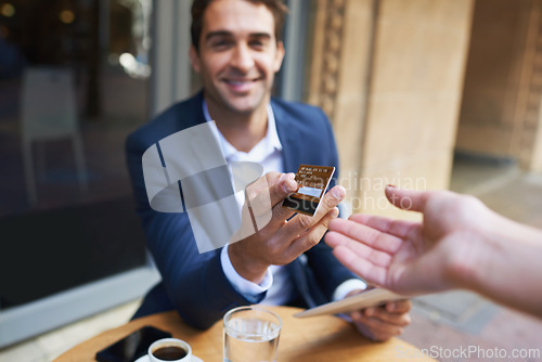 Image of Businessman, credit card and waitress hand for payment or outdoor coffee shop for customer service, transaction or purchase. Male person, cafe and Italy on street for banking, finance or buying