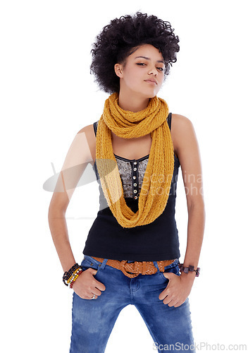 Image of Woman, hipster and scarf in studio portrait with confidence, trendy style and jeans by white background. Girl, person and fashion model with pride for clothes in retro outfit with afro in Brazil