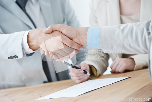 Image of Handshake, business people and collaboration, onboarding with human resources in meeting or interview. Contract, cooperation and partnership with signature, recruitment and shaking hands for welcome