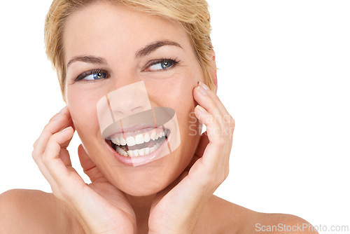 Image of Skincare, smile and happy woman with hands on face in studio for soft, beauty or clean aesthetic on white background. Dermatology, shine and model excited for anti aging cosmetic result satisfaction