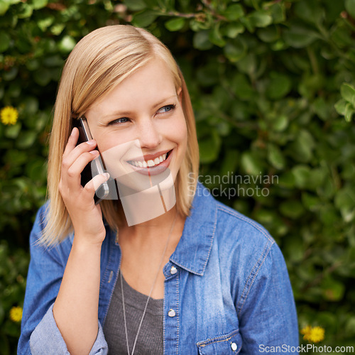 Image of Phone call, smile and happy woman relax in a park with online conversation, listening or chat. Smartphone, hello or lady person in nature with web communication for taxi, chauffeur or commute service