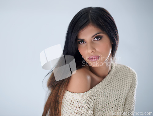 Image of Happy woman, portrait and hair with beauty for salon, spa or cosmetic treatment on a studio background. Face of female person, brunette or young model in haircare, makeup or dye on mockup space