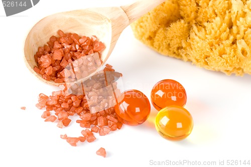 Image of natural sponge, bath salt and oil balls